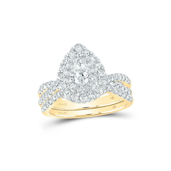 14kt Yellow Gold Pear Diamond Halo Bridal Wedding Ring Band Set 1-1/2 Cttw