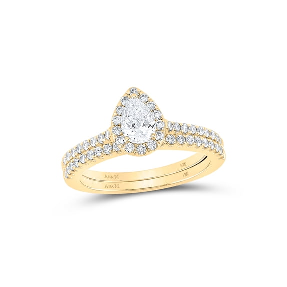 14kt Yellow Gold Pear Diamond Halo Bridal Wedding Ring Band Set 1 Cttw