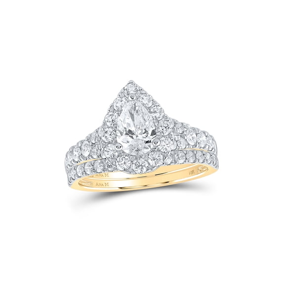 14kt Yellow Gold Pear Diamond Halo Bridal Wedding Ring Band Set 2 Cttw