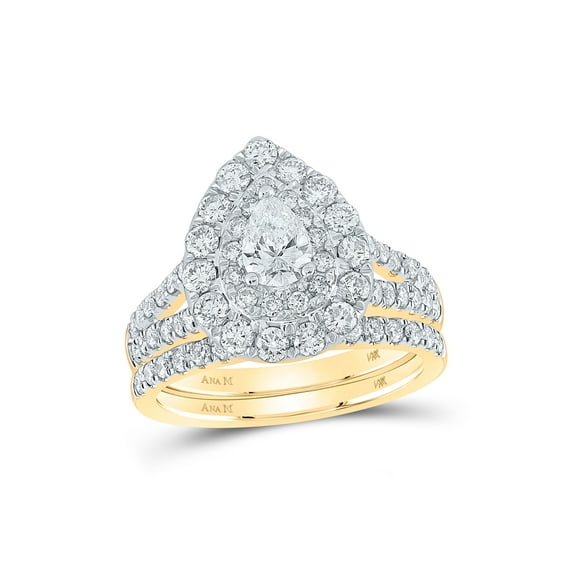 14kt Yellow Gold Pear Diamond Halo Bridal Wedding Ring Band Set 2 Cttw