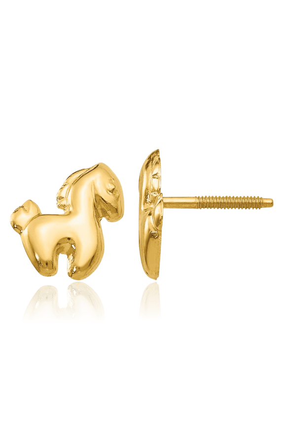 14K Solid Yellow Gold Pony Horse Head Studs Screw Back Animal Lover Earrings Equestrian Jewelry