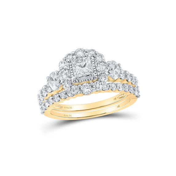 14kt Yellow Gold Princess Diamond Halo Bridal Wedding Ring Band Set 2 Cttw
