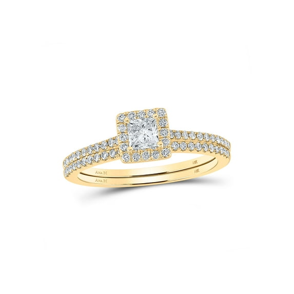 14kt Yellow Gold Princess Diamond Square Halo Bridal Wedding Ring Band Set 5/8 Cttw