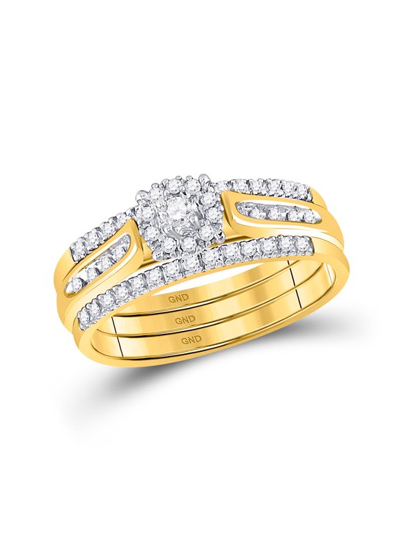 14kt Yellow Gold Round Diamond 3-Piece Bridal Wedding Ring Band Set 1/4 Cttw