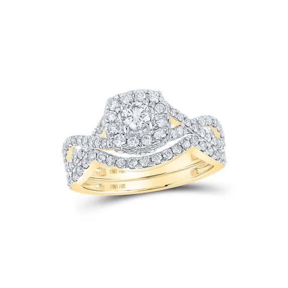 14kt Yellow Gold Round Diamond Halo Bridal Wedding Ring Band Set 1 Cttw
