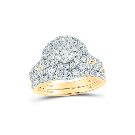 14kt Yellow Gold Round Diamond Halo Bridal Wedding Ring Band Set 2 Cttw