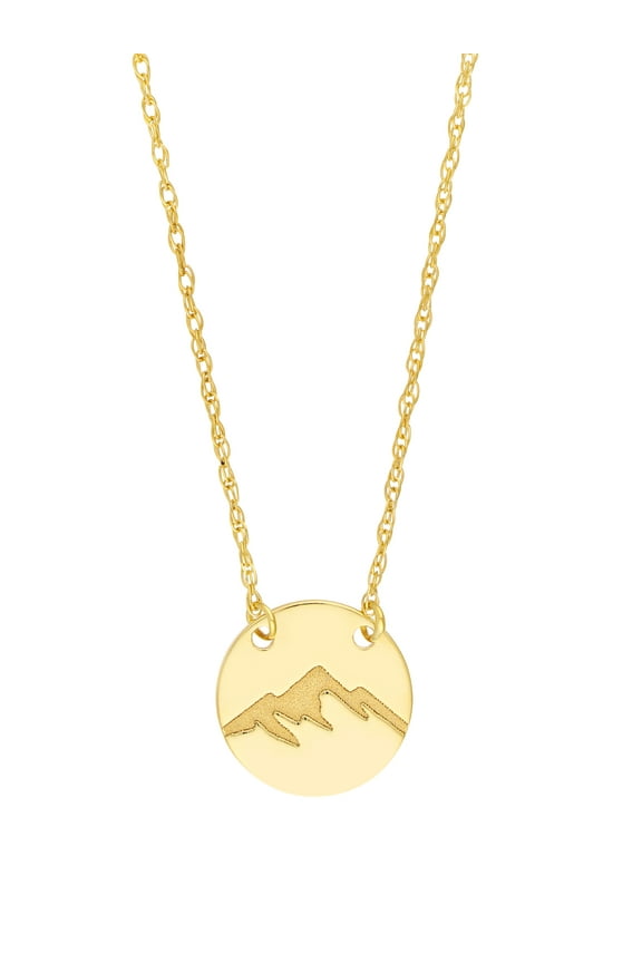 14kt Yellow Gold So You Collection Etched Mountain Mini Disc Adjustable 16" - 18" Women's Necklace on a Pendant Rope Chain and Spring Ring Closure