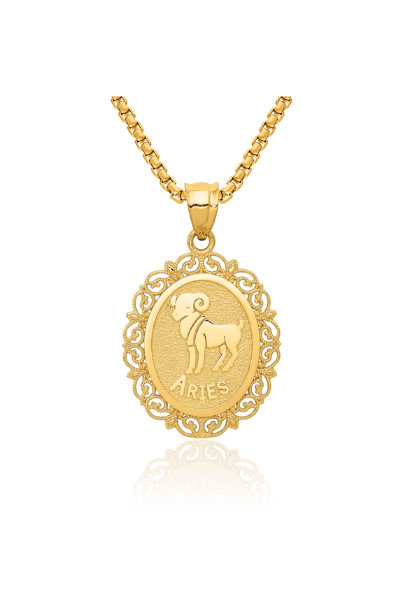 14K Solid Yellow Gold Aries Zodiac Necklace Ram Horoscope Pendant March April Birthday Charm Astrology Jewelry