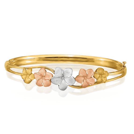 14K Solid Tri Color Pink White Yellow Gold Hawaiian Plumeria Flower Bangle Charm Bracelet