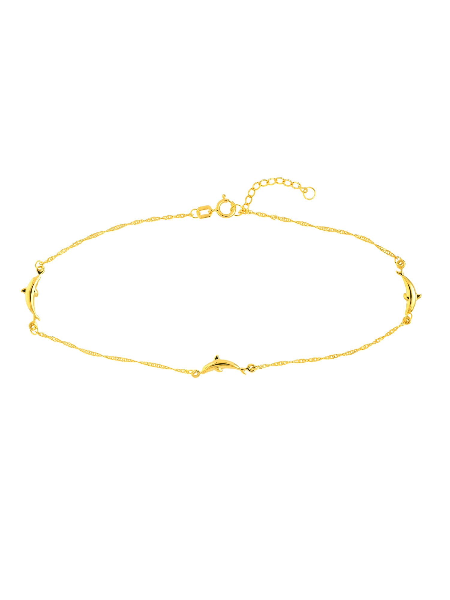 14kt Yellow Gold Women's Adjustable 9"- 10" Dolphin Station 20 Gauge Twist Singapore Anklet with Spring Ring Closure