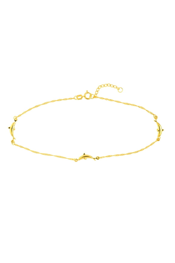 14kt Yellow Gold Women's Adjustable 9"- 10" Dolphin Station 20 Gauge Twist Singapore Anklet with Spring Ring Closure