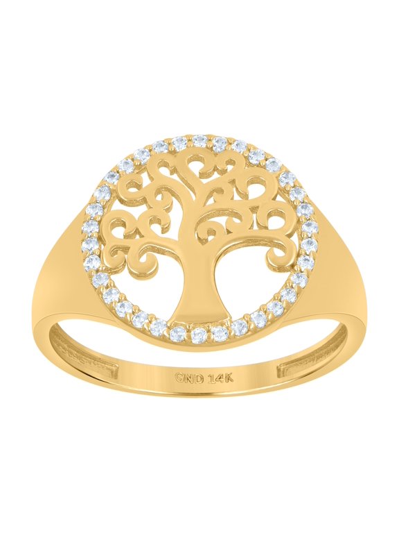 14kt Yellow Gold Womens Cubic-Zirconia Tree Of Life Good Luck Bridal Anniversary Engagement Wedding Ring, Womens Size: 7