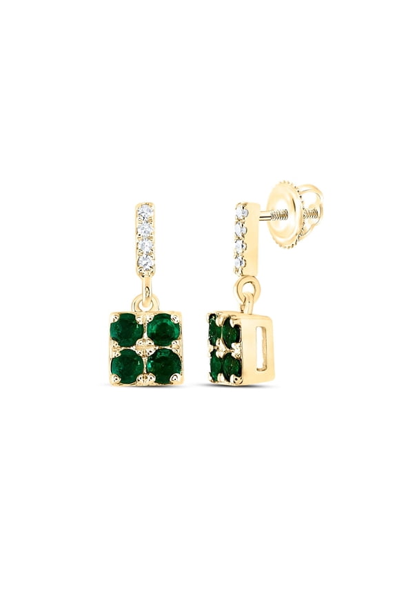 14kt Yellow Gold Womens Emerald Emerald Diamond Square Dangle Earrings 1/4 Cttw