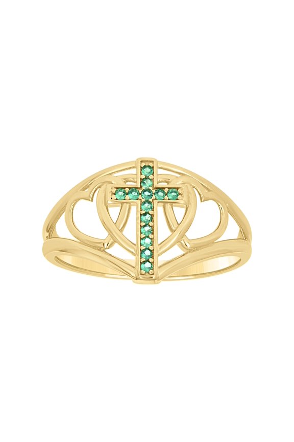 14kt Yellow Gold Womens Green Cubic-Zirconia Cross Hearts Religious Bridal Anniversary Engagement Wedding Ring, Womens Size: 7