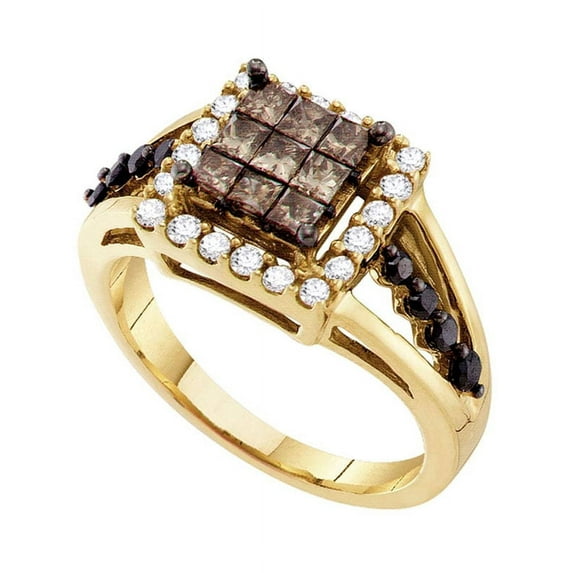 14kt Yellow Gold Womens Princess Cognac-brown Color Enhanced Diamond Framed Cluster Ring 1.00 Cttw