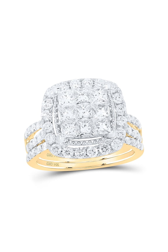 14kt Yellow Gold Womens Princess Diamond Halo Bridal Wedding Engagement Ring Band Set 1-3/4 Cttw