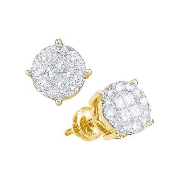 14kt Yellow Gold Womens Princess Round Diamond Soleil Cluster Screwback Earrings 1.00 Cttw = 1 Cttw (I2 Clarity, princess cut)