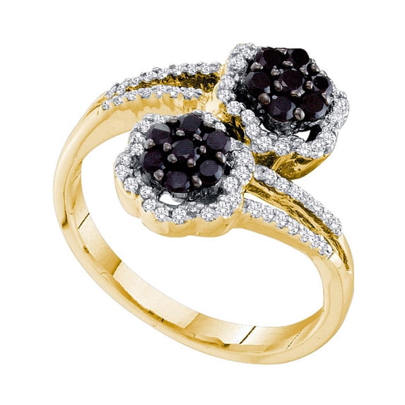 14kt Yellow Gold Womens Round Black Color Enhanced Diamond Flower Cluster Bypass Ring 1/2 Cttw