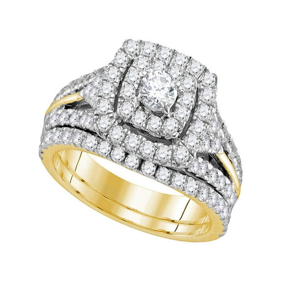 14kt Yellow Gold Womens Round Diamond Certified Double Halo Bridal Wedding Engagement Ring Band Set 1-7/8 Cttw