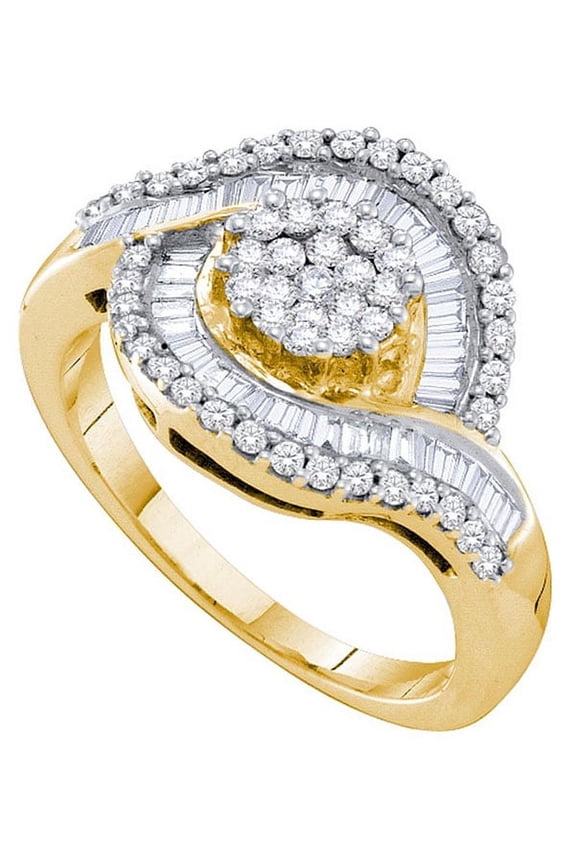 14kt Yellow Gold Womens Round Diamond Flower Cluster Baguette Concentric Ring 1.00 Cttw