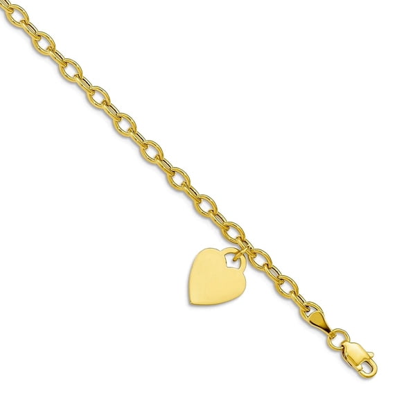 14mm 10k Solid Yellow Gold Dangle Love Heart Bracelet 6 Inch Link Bracelet - 1.7 Grams
