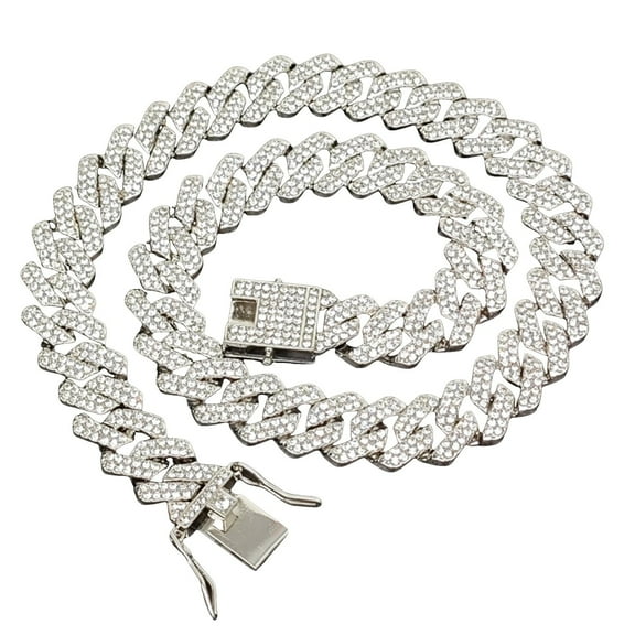 14mm Alloy Diamond Cuban Chain Necklace - Hop Jewelry with Full Encryption Diamonds, 8-Inch Men's Women's Fashion Chain, Durable & Stylish,Silver