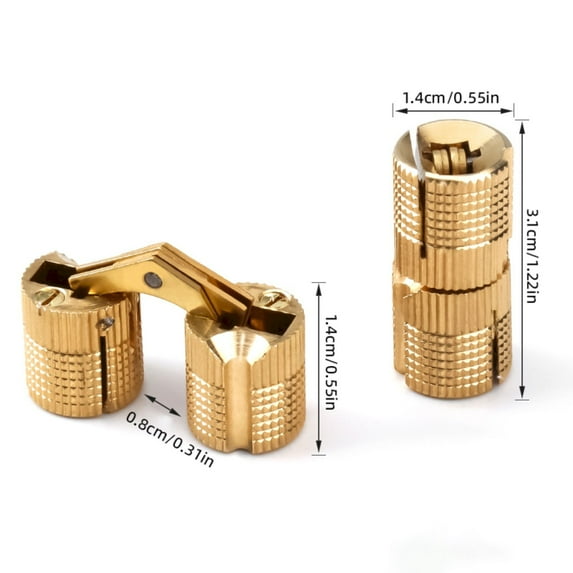 14mm Brass Barrel Hinges Cylindrical Hidden Cabinet Concealed Invisible Furniture Hinges Mount 180 Degree Opening Angle 1 Pc,Golden