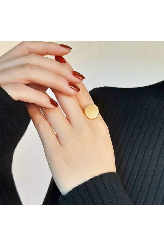 14mm Chunky Personalize Round Top Signet Ring for Men Glossy Heavy 14K Yellow Gold Stamp Ring Punk