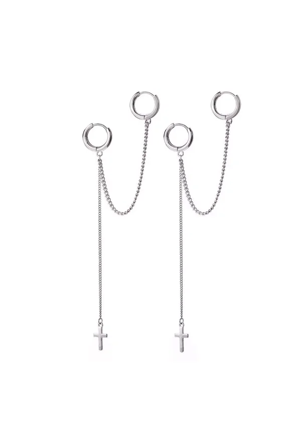 14mm Double Piercing Surgical Steel Curb Chain Earrings Cross 1 Pair