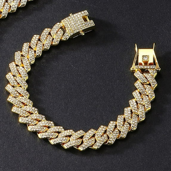 14mm Hip Hop Shiny Cuban Link Chain Bracelets Women Men Gold Color Rhinestone Iced Out Chain Bracelets Punk Wristband Jewelry QHY