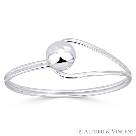 14mm Polished Ball Bead & Loop Bangle Bracelet in Solid .925 Sterling Silver