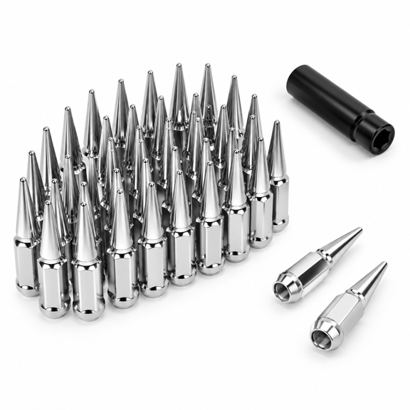 14mmx1.5 Spike Lug Nuts 32chrome M14x1.5 Nut 4.4 Inch Tall Closed End With 1 Socket Keypatible 1999-2026 Chevyado 1500 Gmc Sierra
