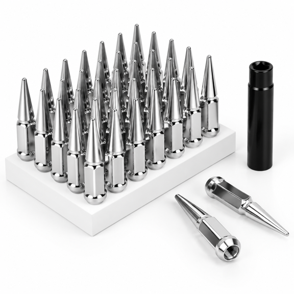 14mmx1.5 Spike Lug Nuts 32chrome M14x1.5 Nut 4.4 Inch Tall Closed End With 1 Socket Keypatible 1999-2026 Chevyado 1500 Gmc Sierra