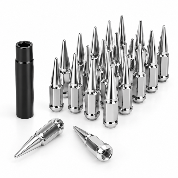 14mmx1.5 Spike Lug Nuts 32chrome M14x1.5 Nut 4.4 Inch Tall Closed End With 1 Socket Keypatible 1999-2026 Chevyado 1500 Gmc Sierra