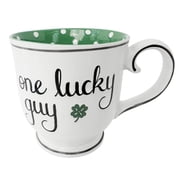 14oz Ceramic Coffee Mug for Office and Home, One Lucky Guy Green Mug, Hand Painted with Handles, Dishwasher Microwave Safe,Best Gifts for Women and Men