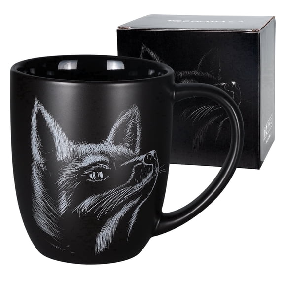 14oz Matte Black Ceramic Fox Mug - Minimalist Sketch Art Coffee Cup - Microwave Dishwasher Safe Gift for Him Her