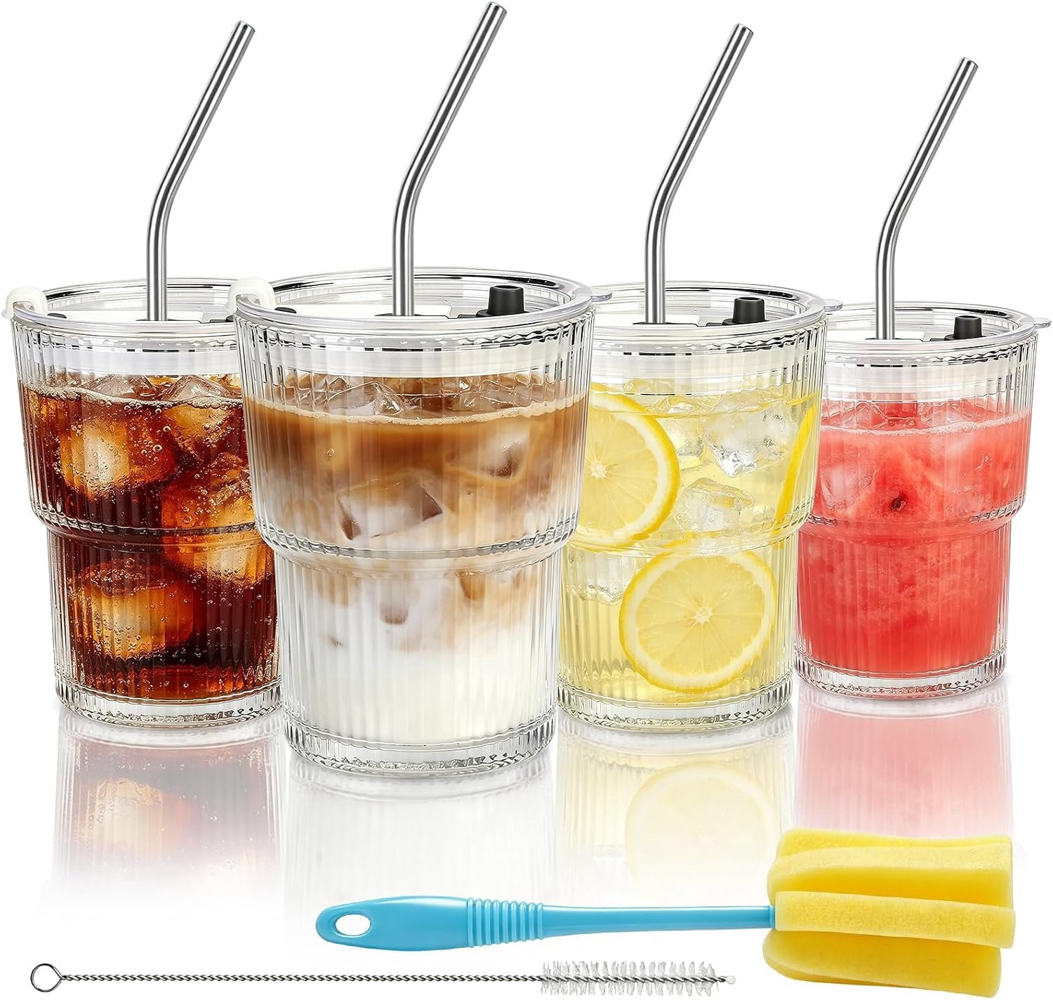 14oz Ribbed Glass Tumbler with Straw and Lid, Iced Coffee Cups Leak ...