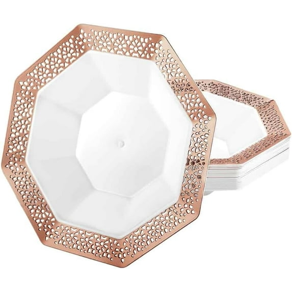 14oz Rose Gold Plastic Bowl Octagon Design - Elegant Disposable Serving Bowl for Weddings, Parties, and Special Events - Durable, Reusable Tableware - Perfect for Catering and Buffets (50)