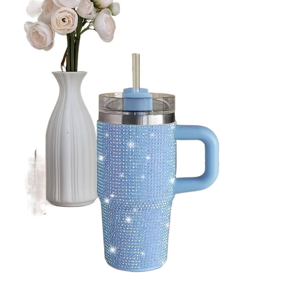 14oz Shiny Rhinestone Stainless Steel Tumbler with Handle and Straw, Bling Diamond Insulated Coffee Mug, Sparkly Vacuum Travel Cup for Car and Home, Portable Holiday Gift for Her