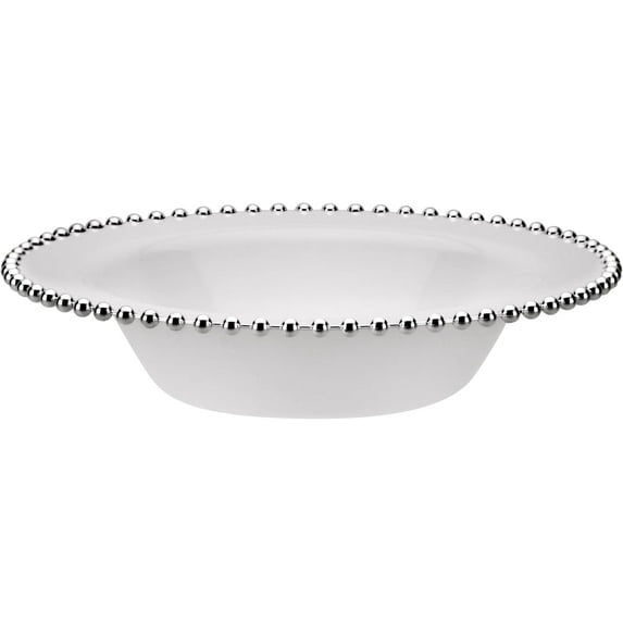 14oz Silver Beaded White Round Plastic Bowl - Elegant Disposable Serving Bowl for Weddings, Parties, and Special Events - Durable, Reusable Tableware - Perfect for Catering and Buffets (20)