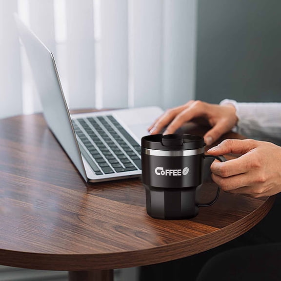 Coffee Cups with Lids Reusable, 14oz Large Capacity Travel Mug with Handle, 304 Stainless Steel Double-layer Heat Drink Cup for Iced Tea, Coffee, Water, Black