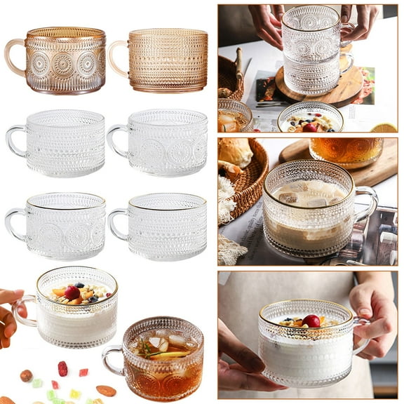 14oz Vintage Glass Coffee Mug with Lid & Spoon, Embossed Drinking Glass for Iced Coffee Tea Oatmeal Cereal Milk, Green Style A (1 Cup)