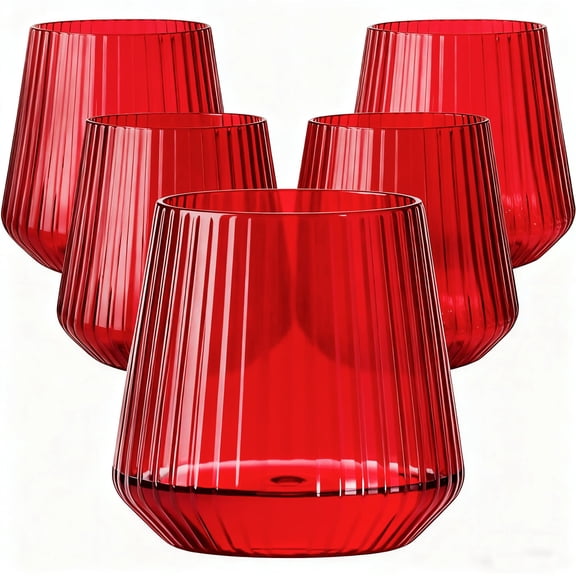 14oz-red-40pack Plastic Ribbed Wine Glasses, Disposable Recyclable Cocktail Cups