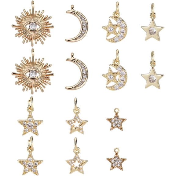 14pc 7 Style Brass Micro Pave Cubic Zirconia Charms Rhinestone Moon Star Planet Starry Dangle Pendants for Bracelets Necklaces Earrings Jewelry Making Clear