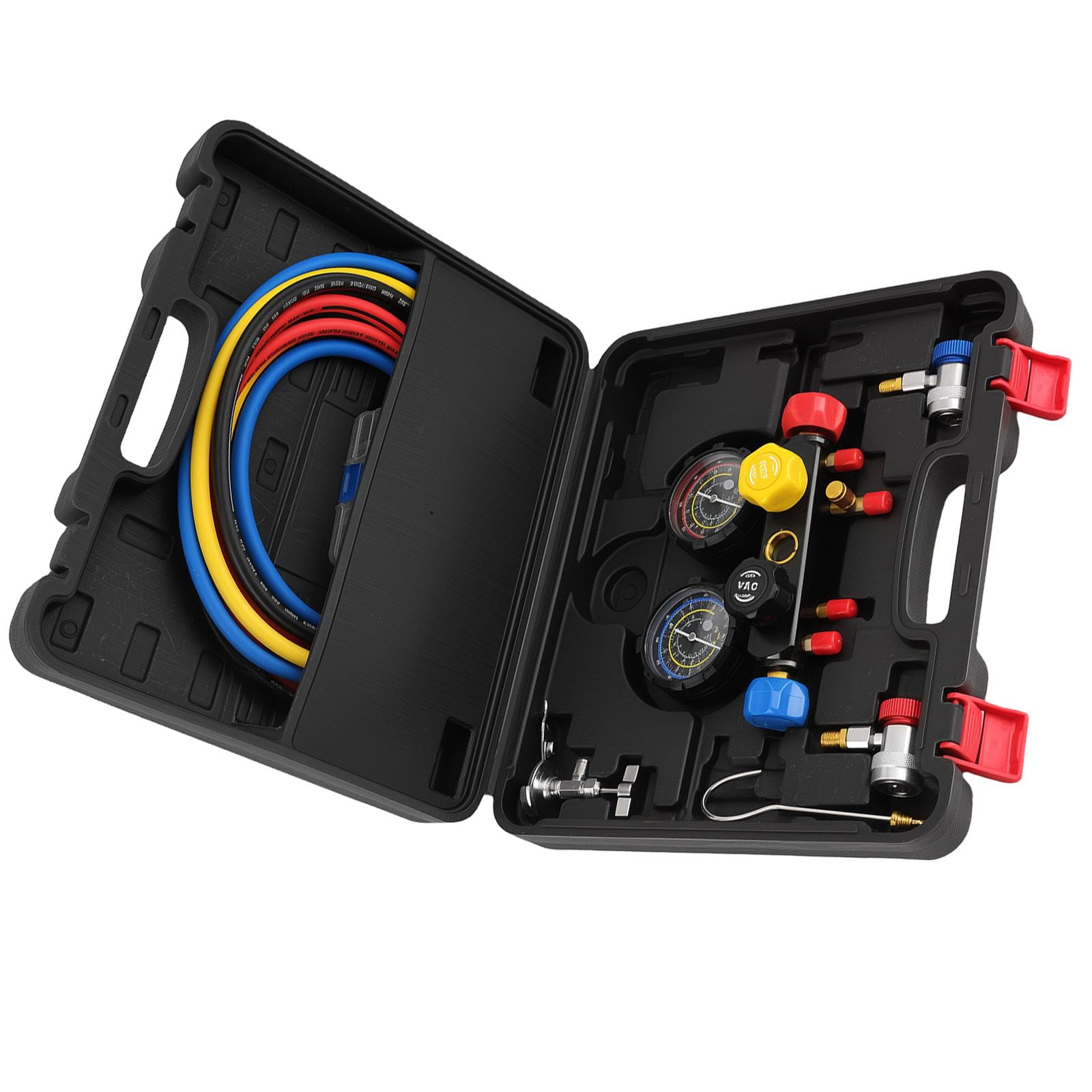 14pc AC Manifold Gauge Set 4-Way for R134a R22 R410a Refrigerant, HVAC Charging Kit with 5ft Hoses, High/Low Pressure Dials, Adapters & Case, SKU 47569983, Automotive Cooling