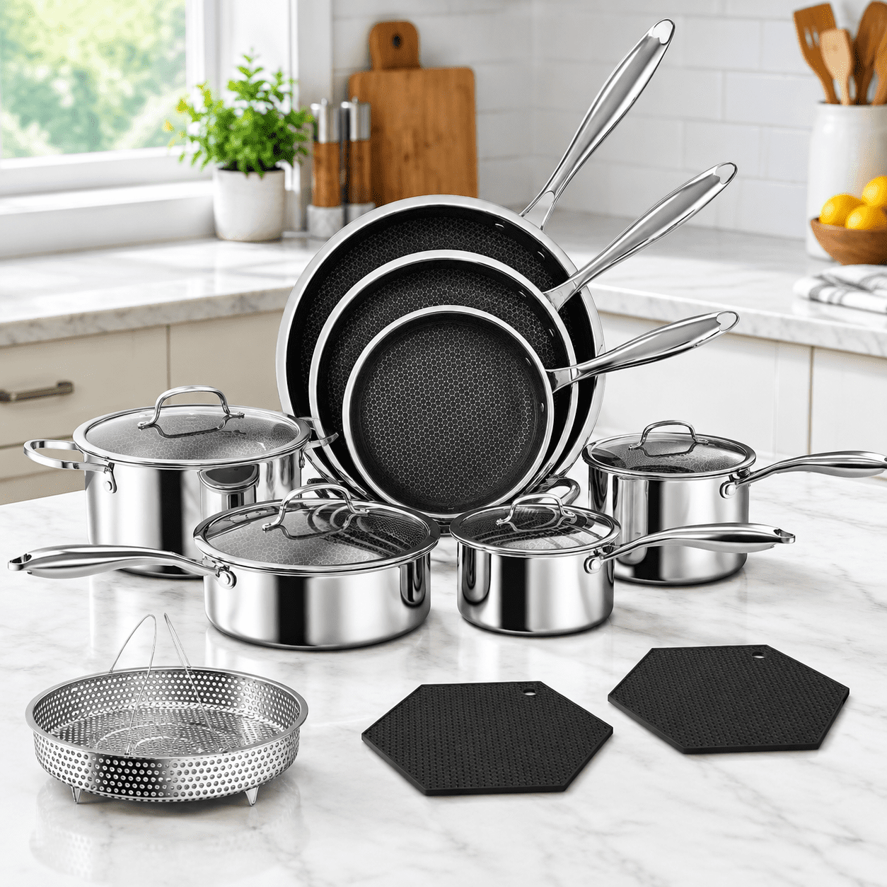 14pc Cookware Set, Premium Hybrid Ceramic Nonstick Pots and Pans Set ...