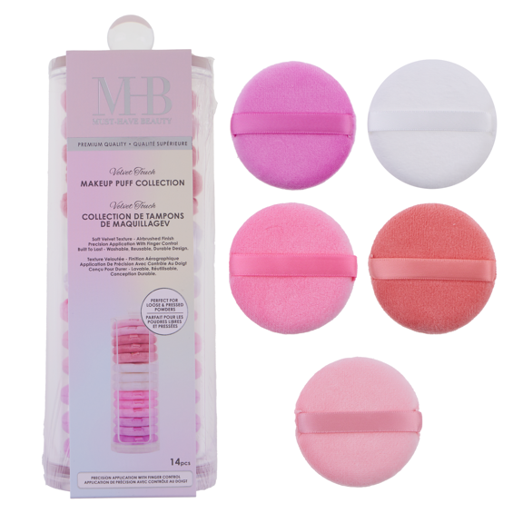 14pc Makeup Puff Collection Velvet Touch Professional Powder Puff Set with Storage Tower Soft Velour Face Puffs for Loose and Pressed Powder (PINK)