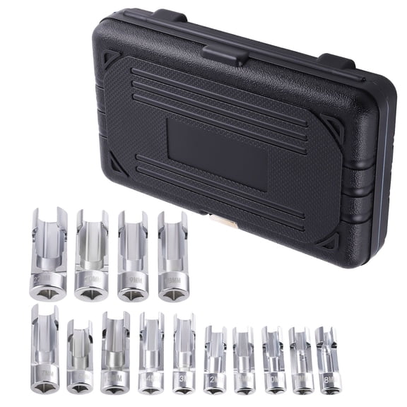 14pc Metric Diesel Injector Fuel Line Flare Nut Socket Wrench Set, 3/8" & 1/2" Drive, 8-22mm, Chrome Vanadium Steel, for ABS, Master Cylinder & Engine Sensor Maintenance, SKU 17355317