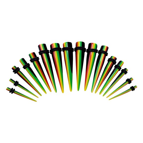14pc Taper Ear Stretcher O-Ring Kit Acrylic Rasta Design Colors Red Yellow Green