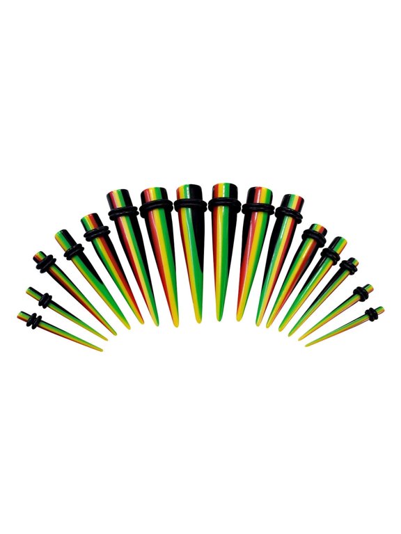 14pc Taper Ear Stretcher O-Ring Kit Acrylic Rasta Design Colors Red Yellow Green